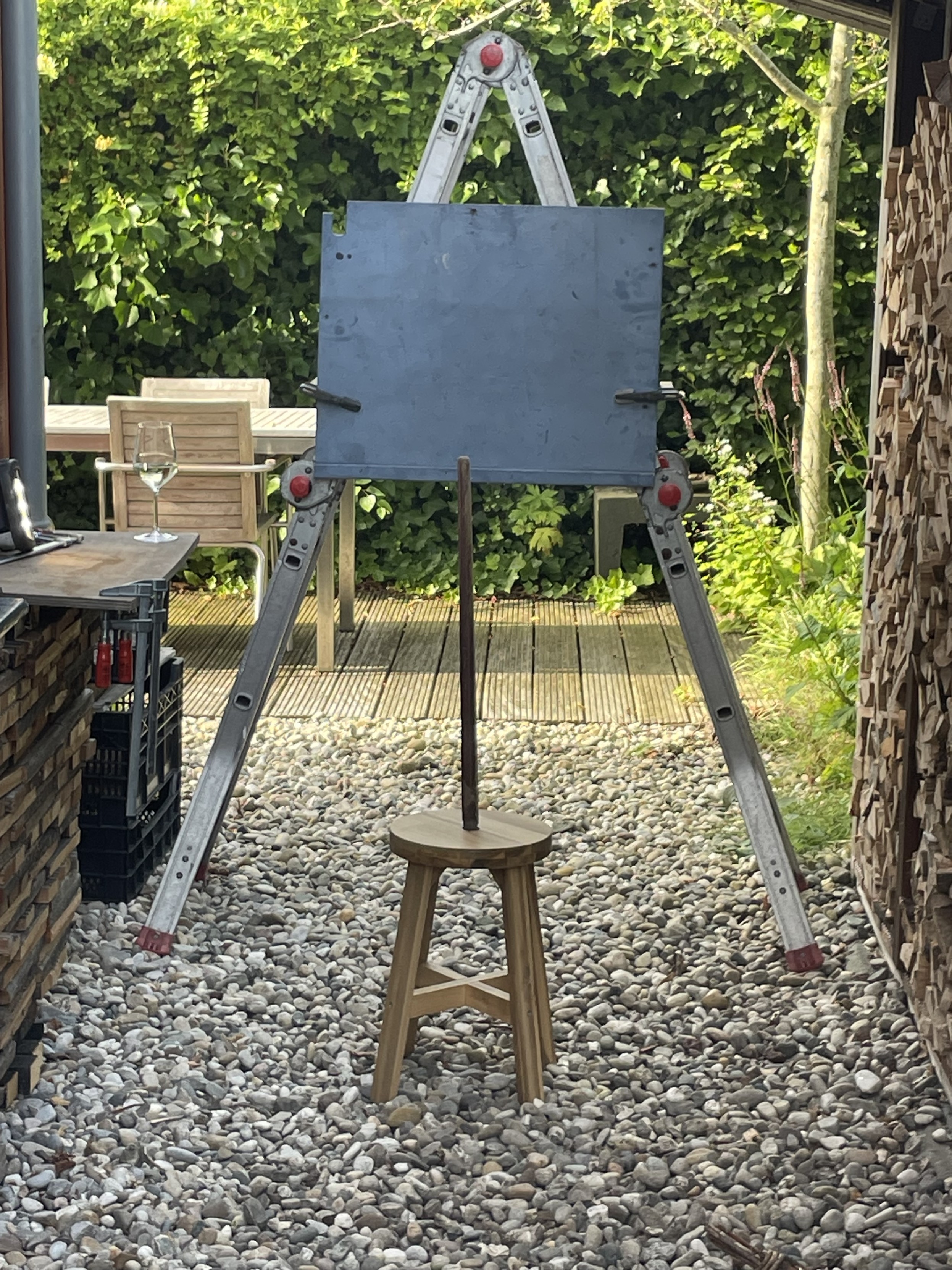 A stick stuck in the stool in the set. 