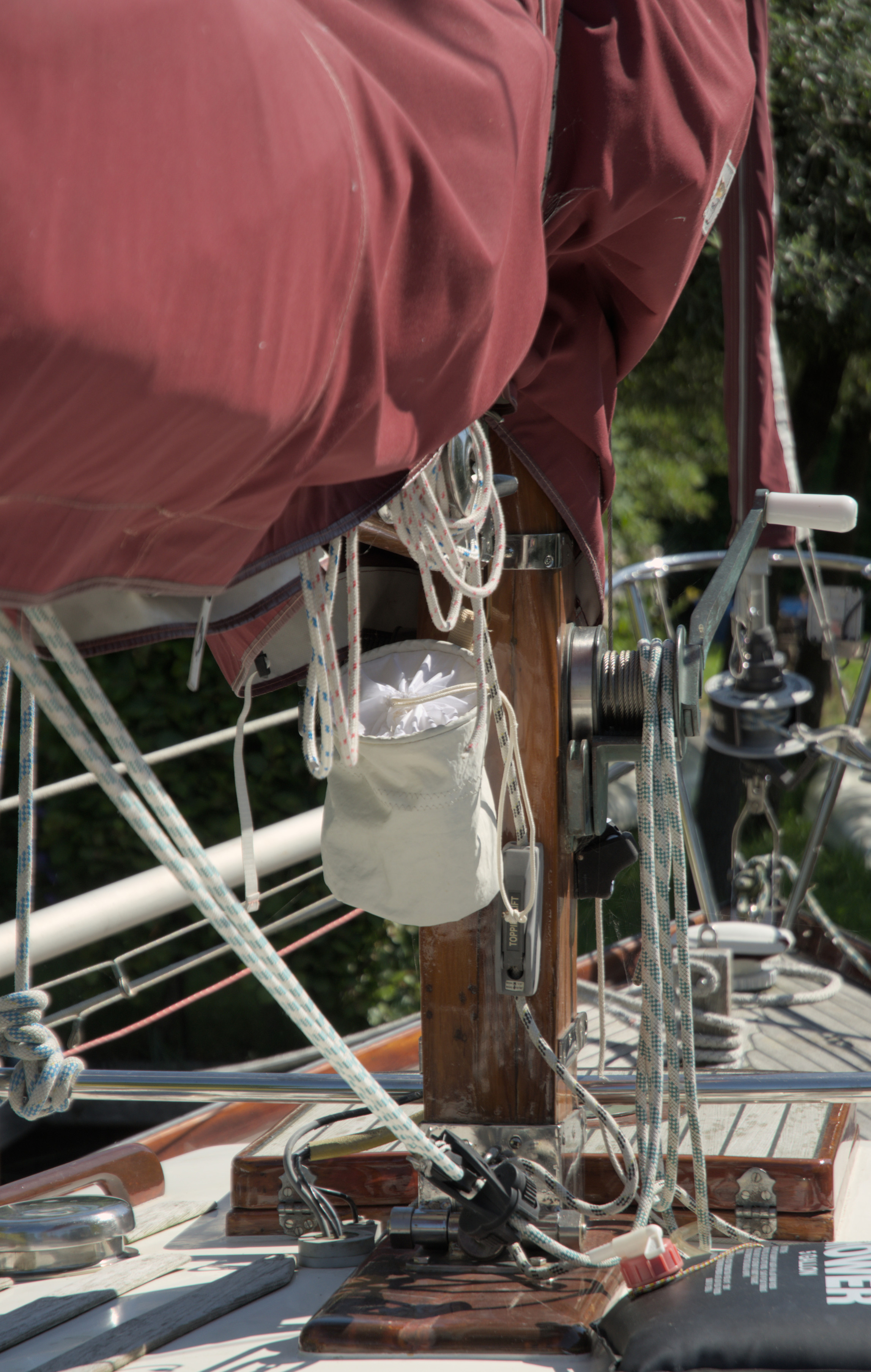 View from the back of the boat, showing the pouch hanging. It is closed.