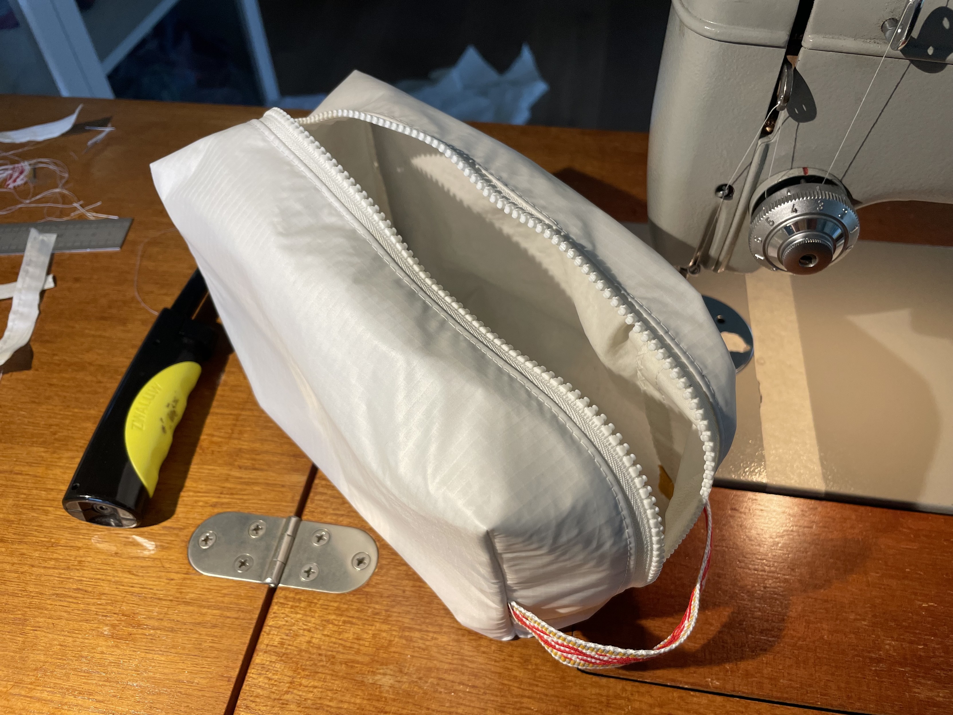 Zippered open. 