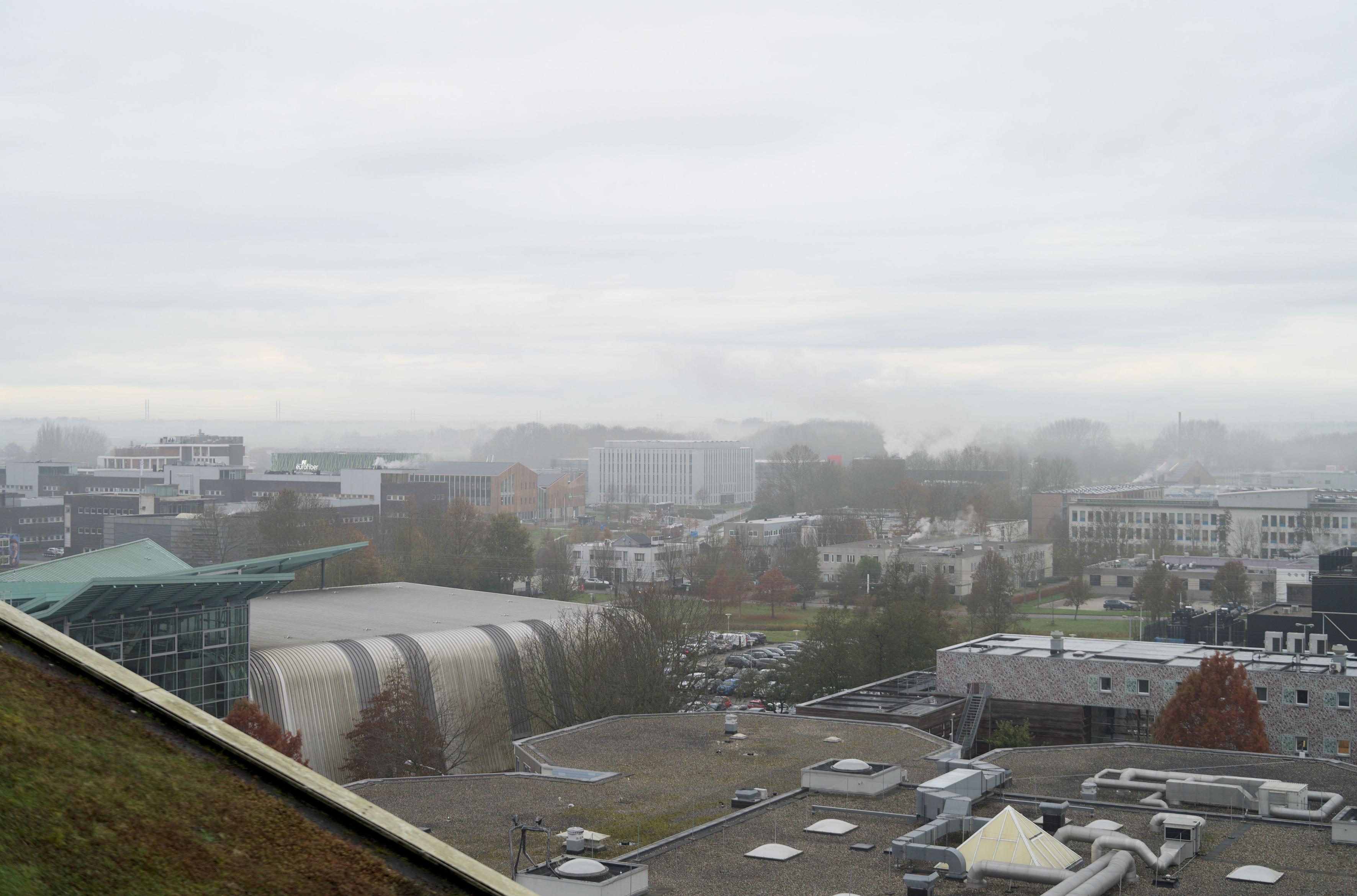 Fog over a university campus.