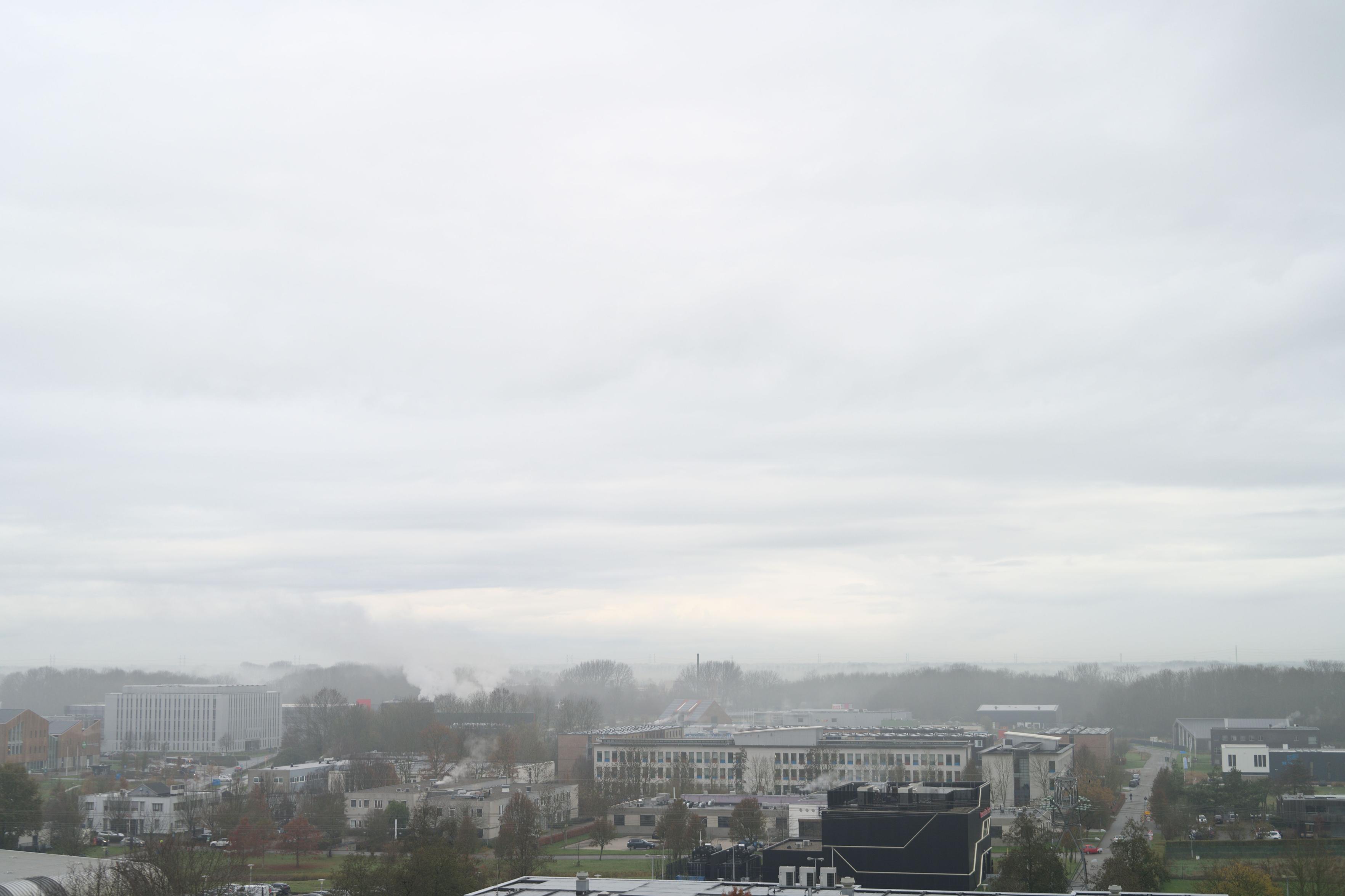 Fog over a university campus.