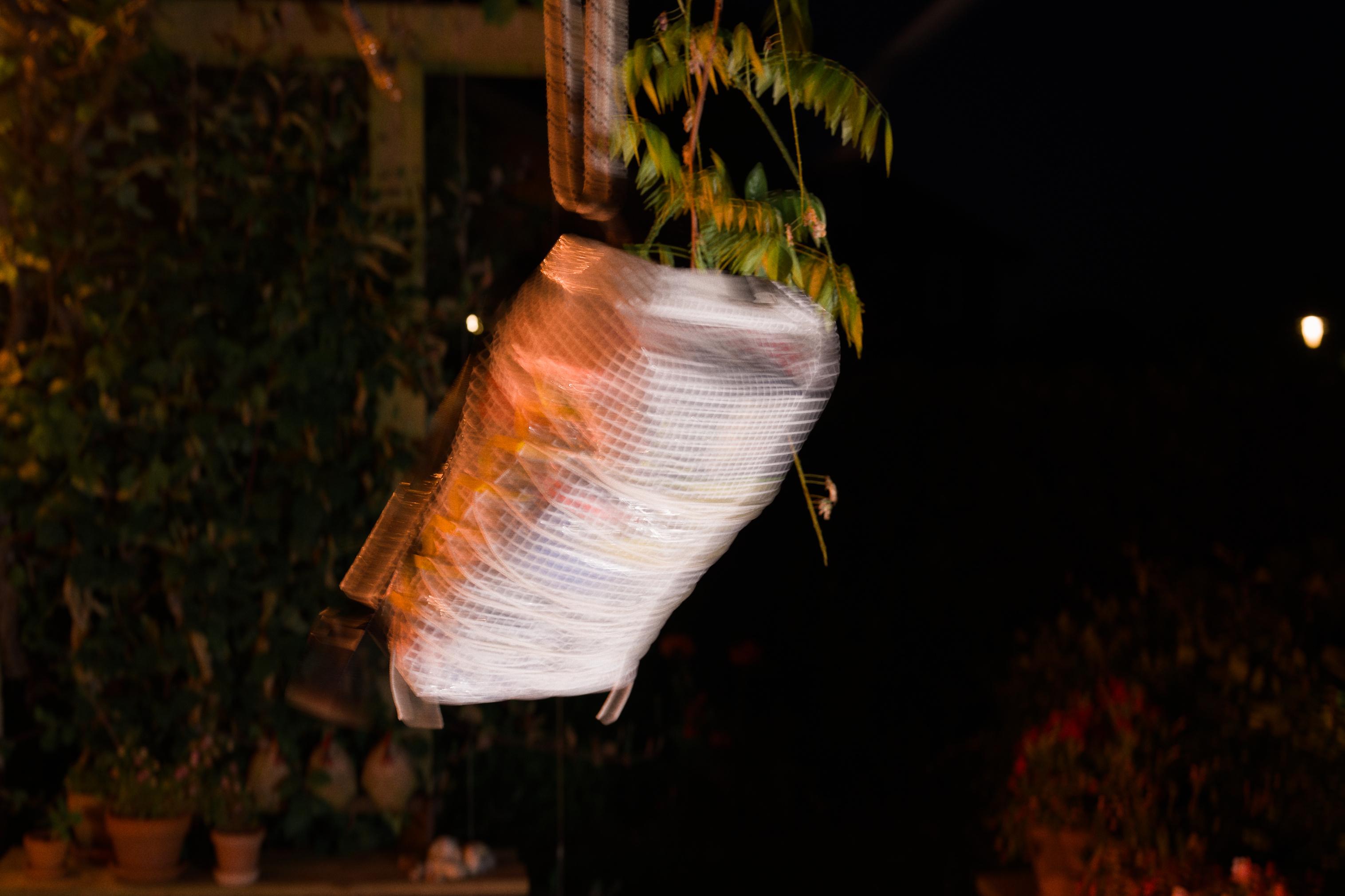 A photo of the backpack, intentionally motion-blurred.